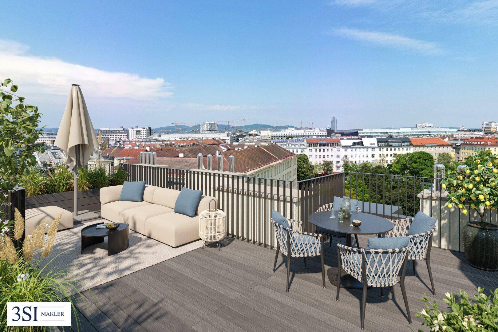 Geräumige Dachterrasse mit bequemen Loungemöbeln und weitem Blick über die Stadt.