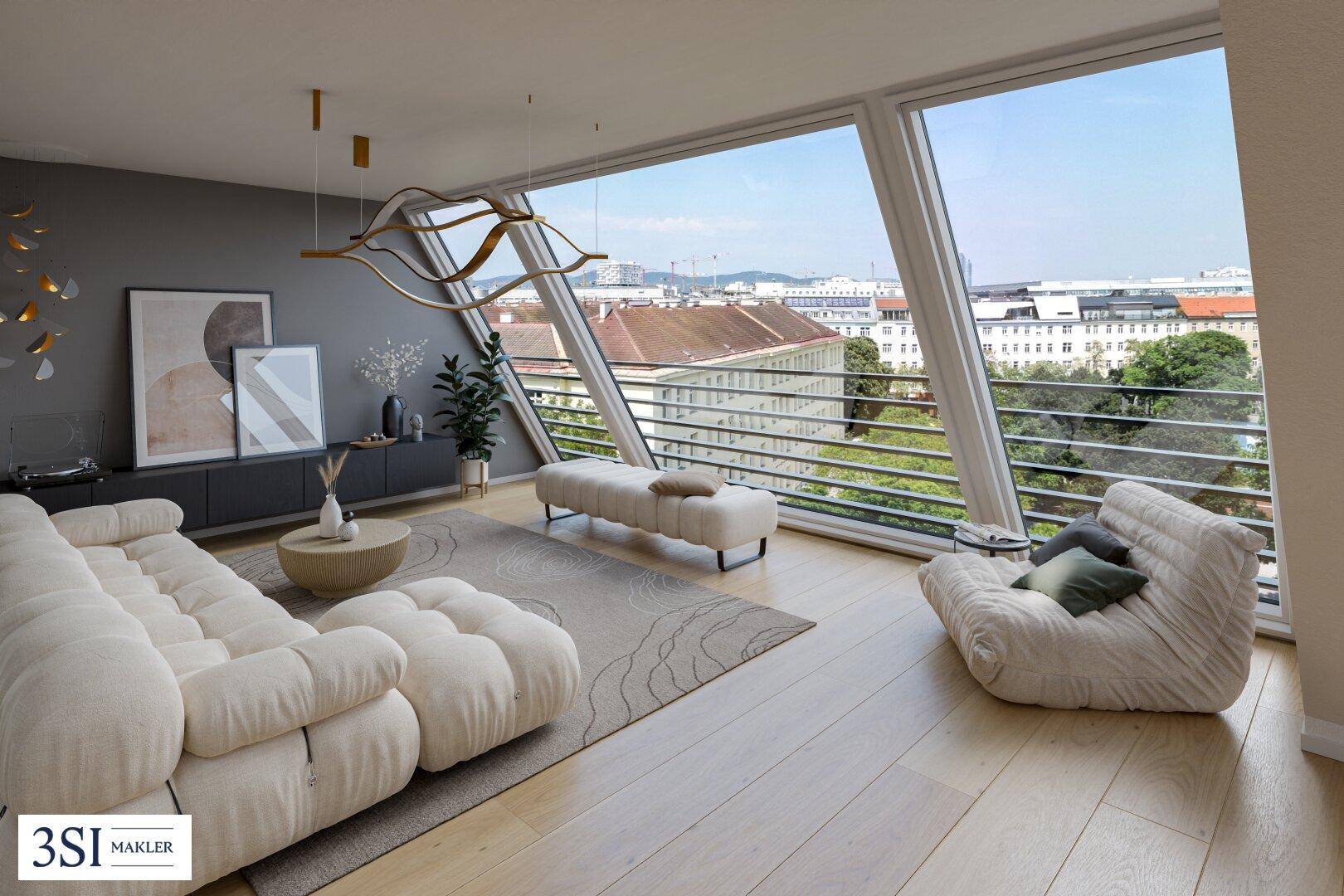 Helles, modernes Wohnzimmer mit großen Schrägfenstern und Panoramablick über die Stadt.