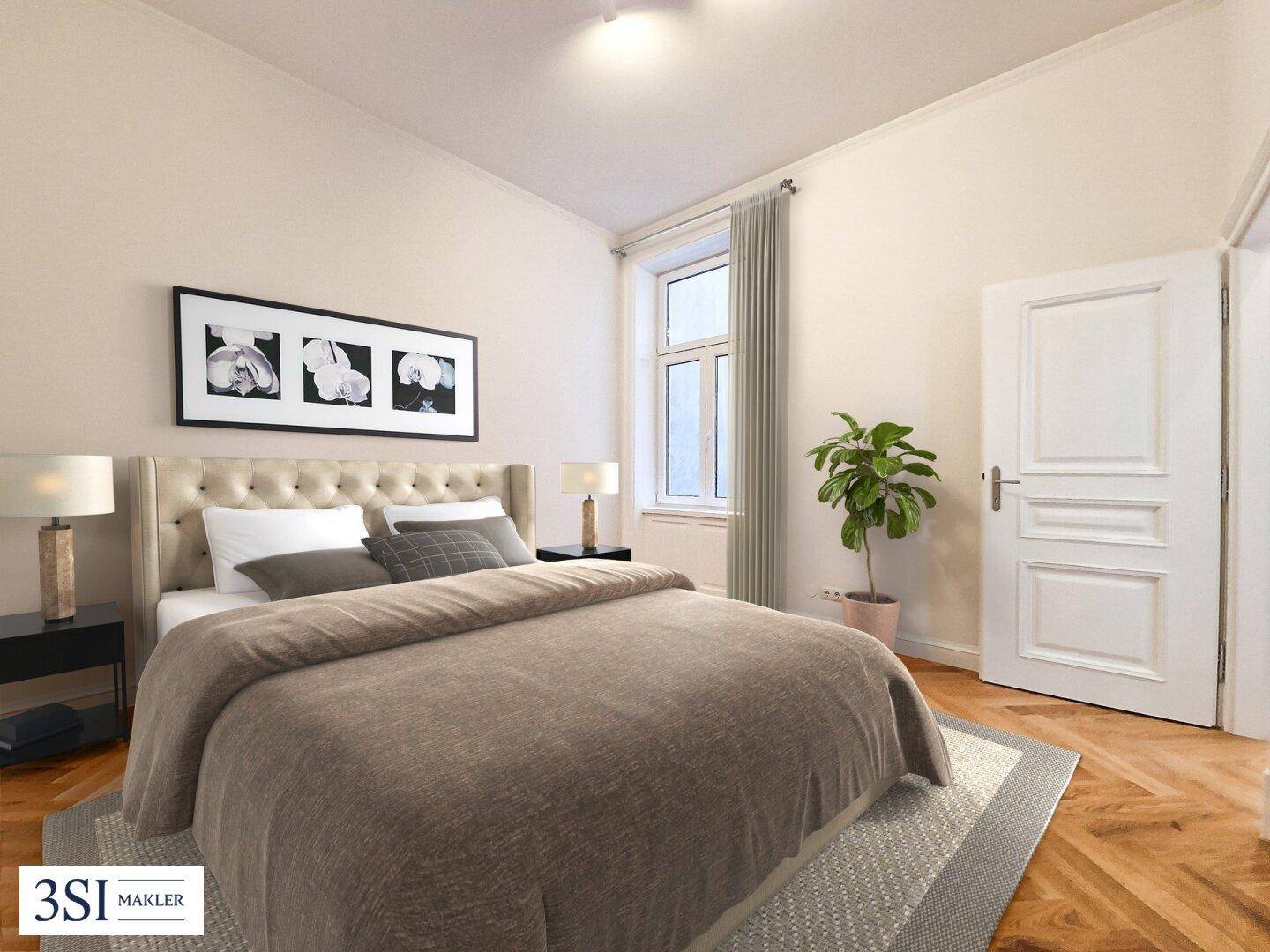 Gemütliches Schlafzimmer mit Doppelbett, Parkettboden und einem Fenster für natürliches Licht.