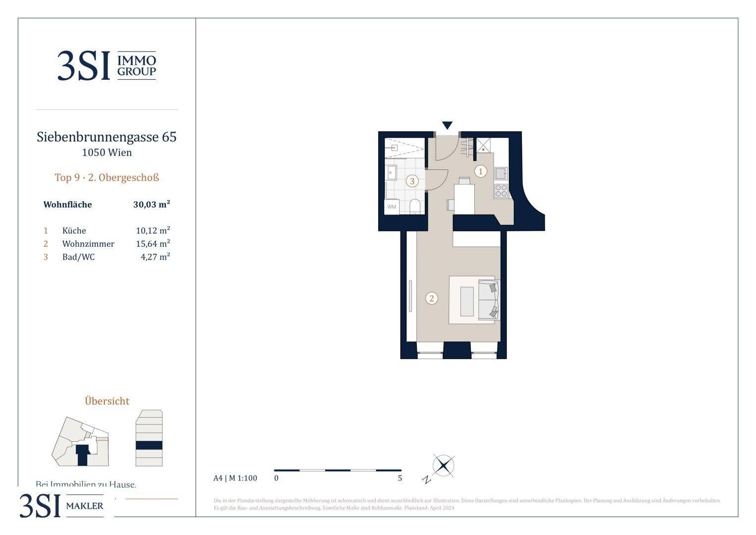 Grundriss einer kompakten Wohnung mit integrierter Küche, Wohnbereich und separatem Bad mit Dusche.