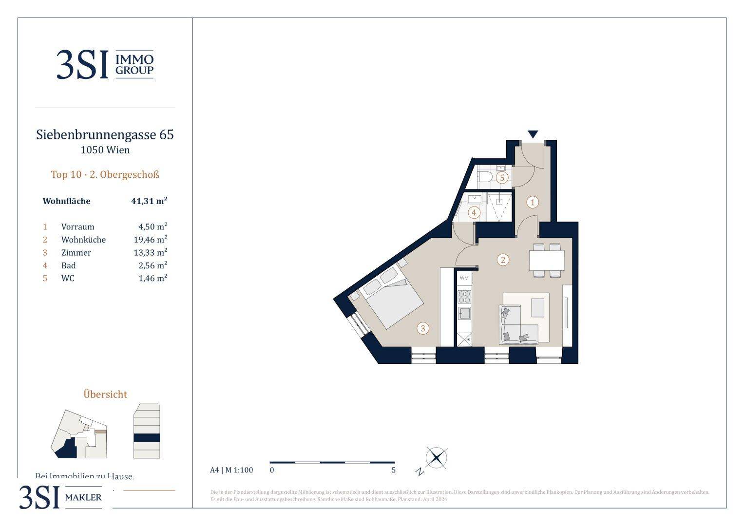 Grundriss einer 41,31 m² Wohnung mit offenem Wohn-Essbereich, einem Schlafzimmer, Bad und separatem WC.