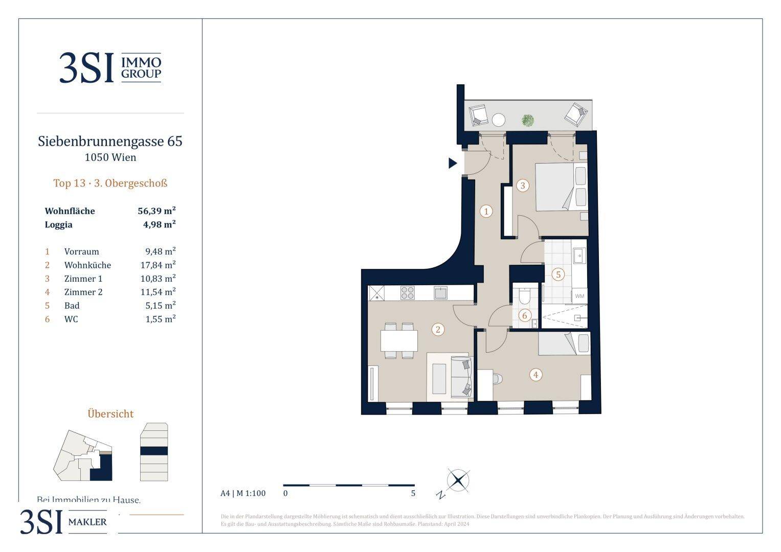Grundriss einer Wohnung mit Wohnküche, zwei Schlafzimmern, Bad, separatem WC und Loggia.