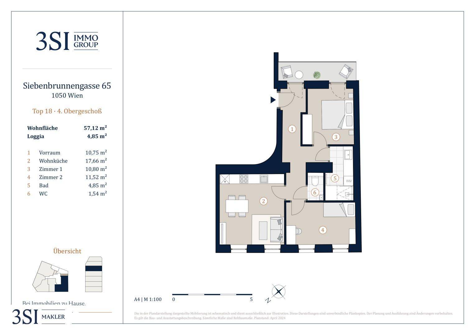 Grundriss einer Wohnung im Obergeschoss mit Wohnküche, zwei Zimmern, Bad und Loggia.