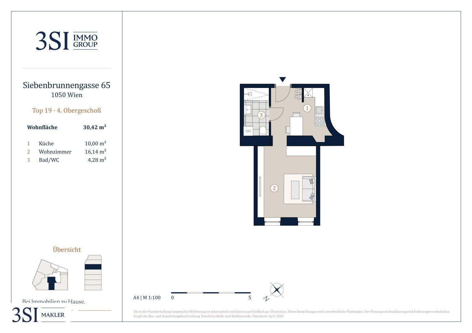 Grundriss einer kompakten Wohnung mit separater Küche, Wohn-/Schlafbereich und Badezimmer.