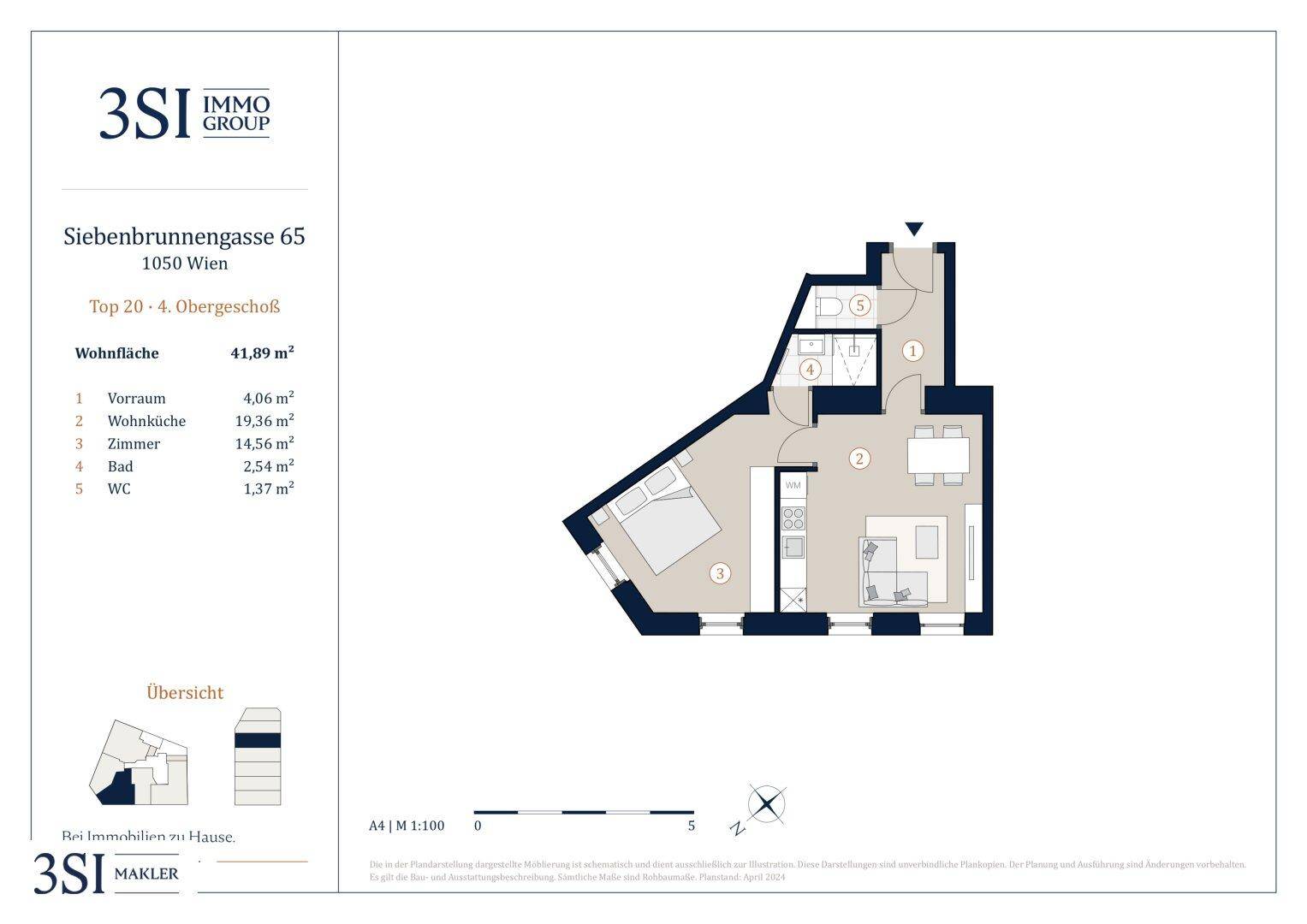 Grundriss einer Wohnung mit offener Wohnküche, separatem Schlafzimmer, Bad und Gäste-WC.