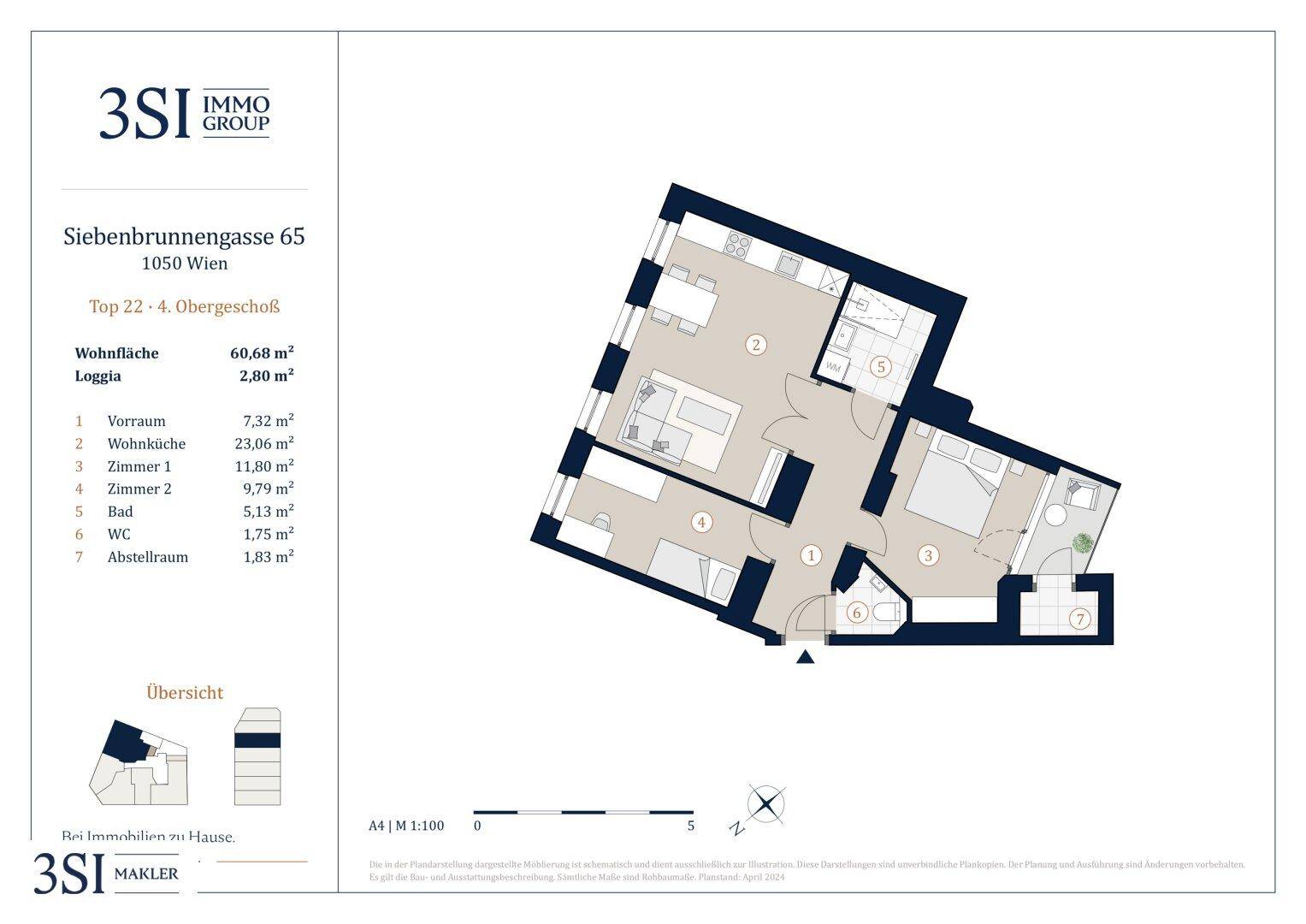 Detaillierter Grundriss einer Wohnung mit offener Wohnküche, zwei Schlafzimmern, Bad, WC und Loggia.