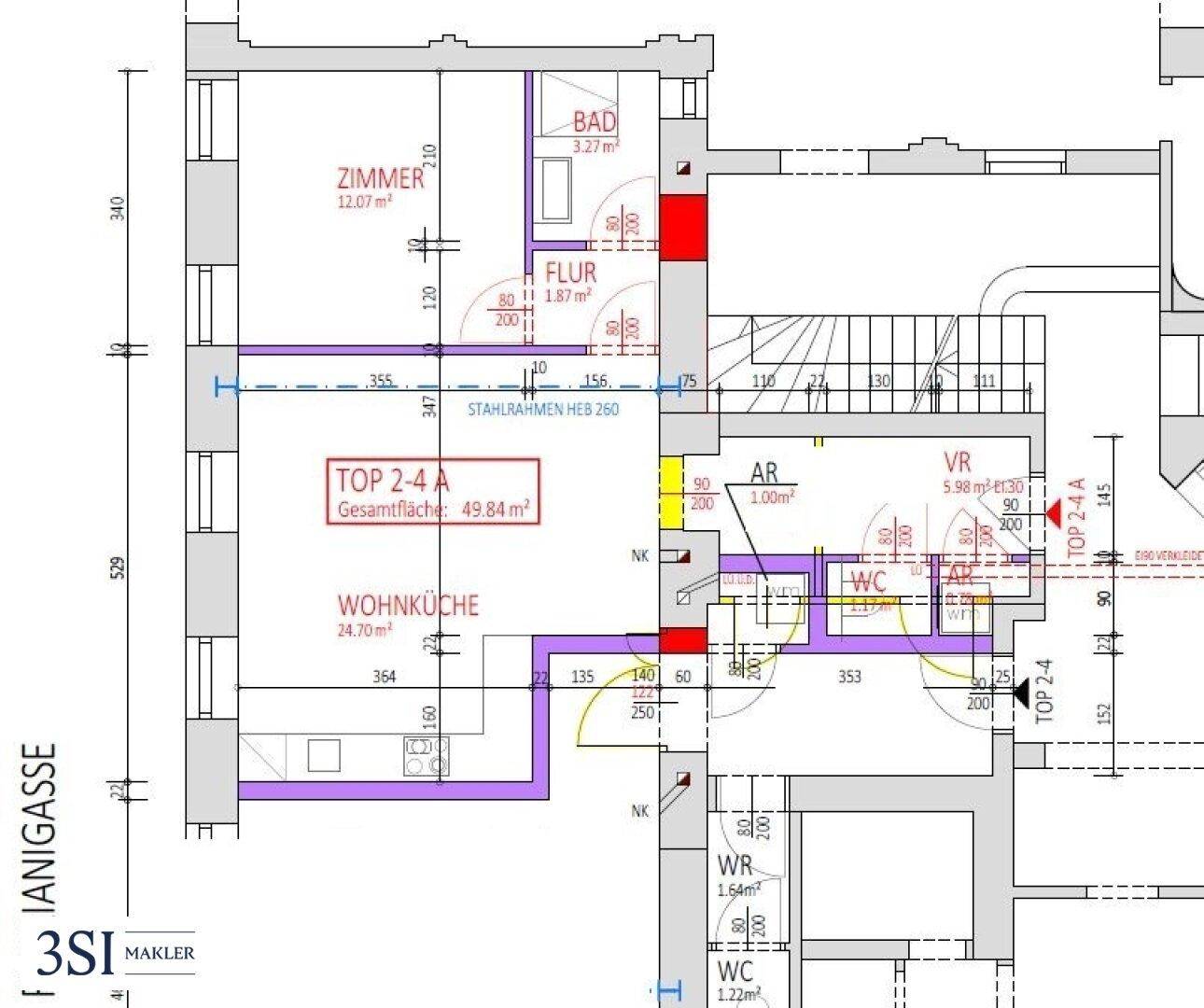 Grundriss der Wohnung Top 2-4A mit Wohnküche, Zimmer, Bad und WC auf 49.84 m².
