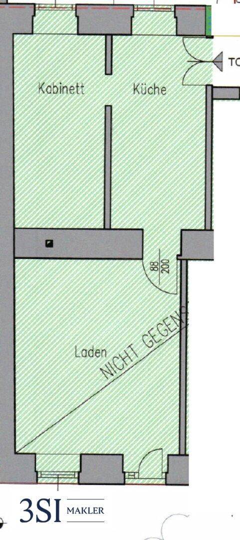 Grundriss zeigt eine Gewerbefläche mit Laden, Kabinett und Küche, ideal für ein Geschäft oder Büro.