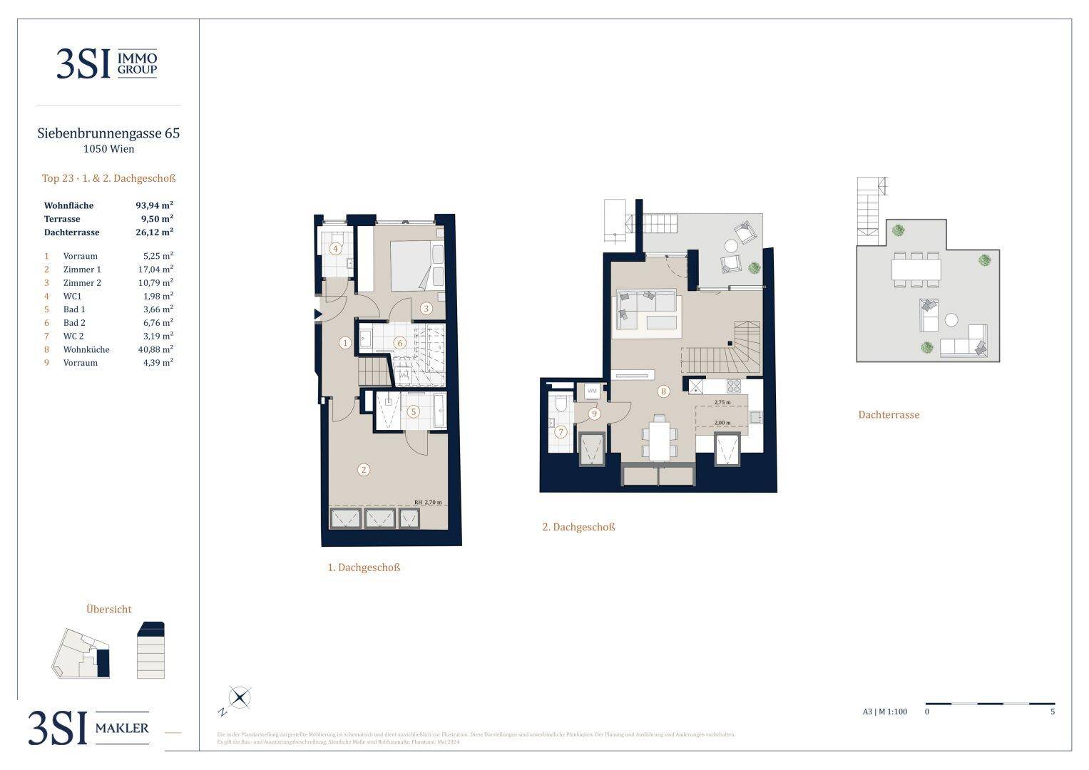 Grundriss einer Maisonette-Wohnung über zwei Dachgeschossebenen mit offener Wohnküche und großer Dachterrasse.