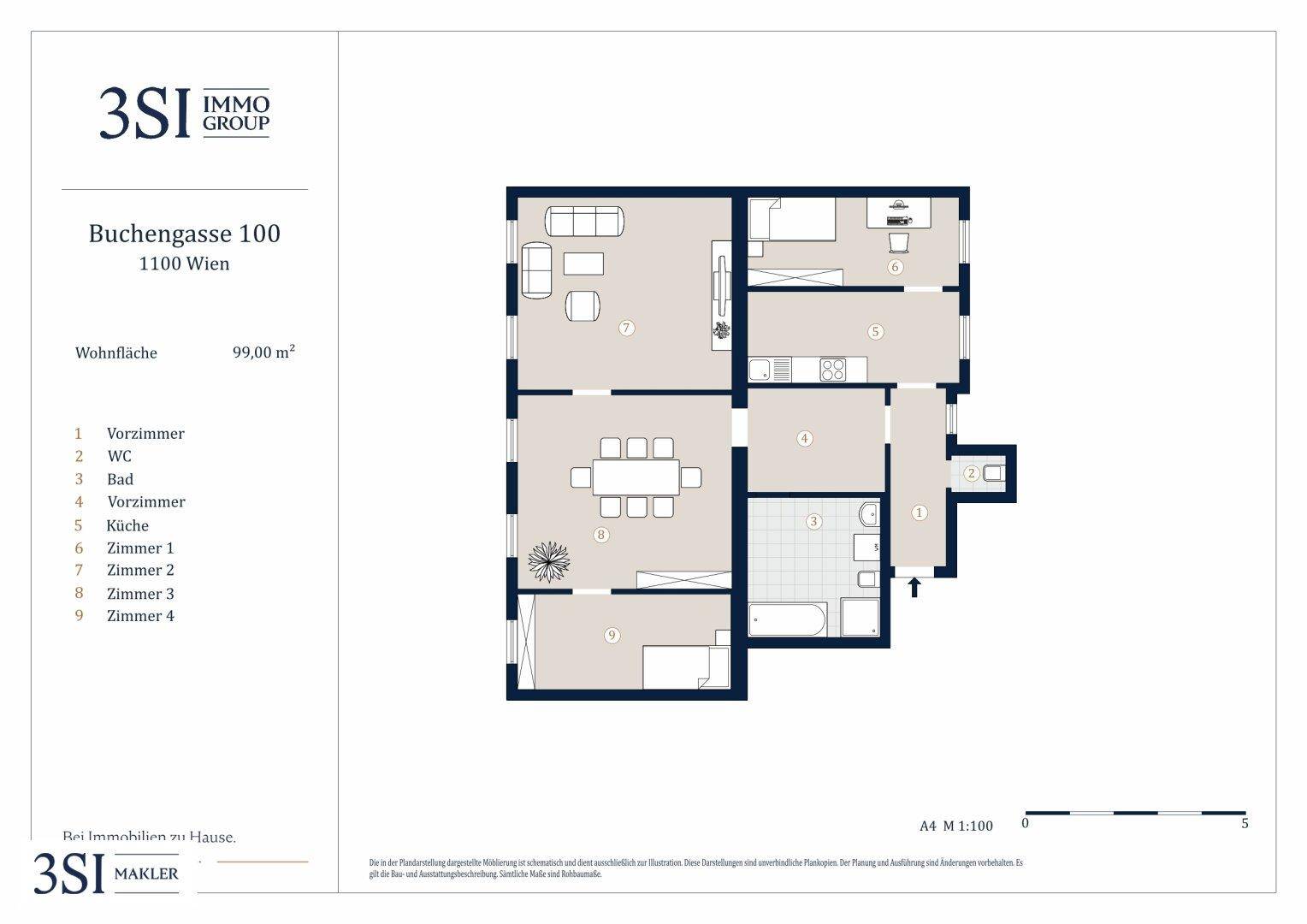Grundriss einer Wohnung mit 99 m² Wohnfläche, separater Küche, Bad, Gäste-WC und Balkon.