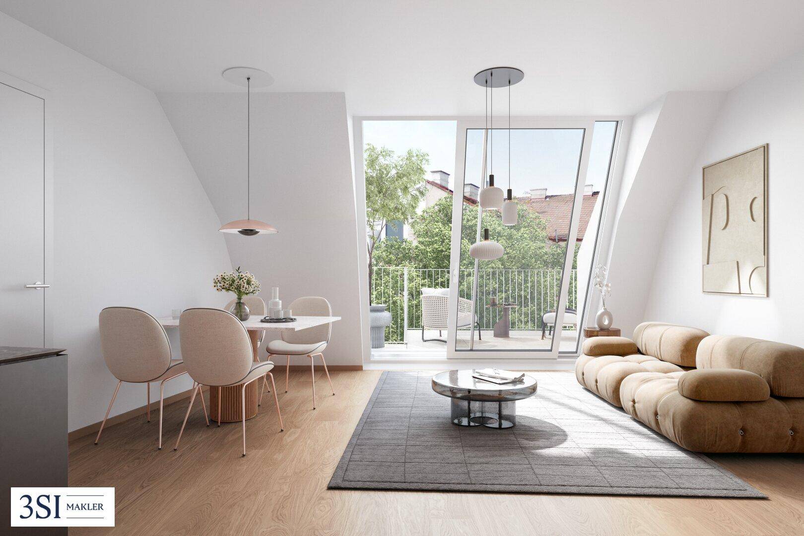 Heller Wohn- und Essbereich mit modernem Design, Holzboden und Zugang zu einem Balkon mit grüner Aussicht.