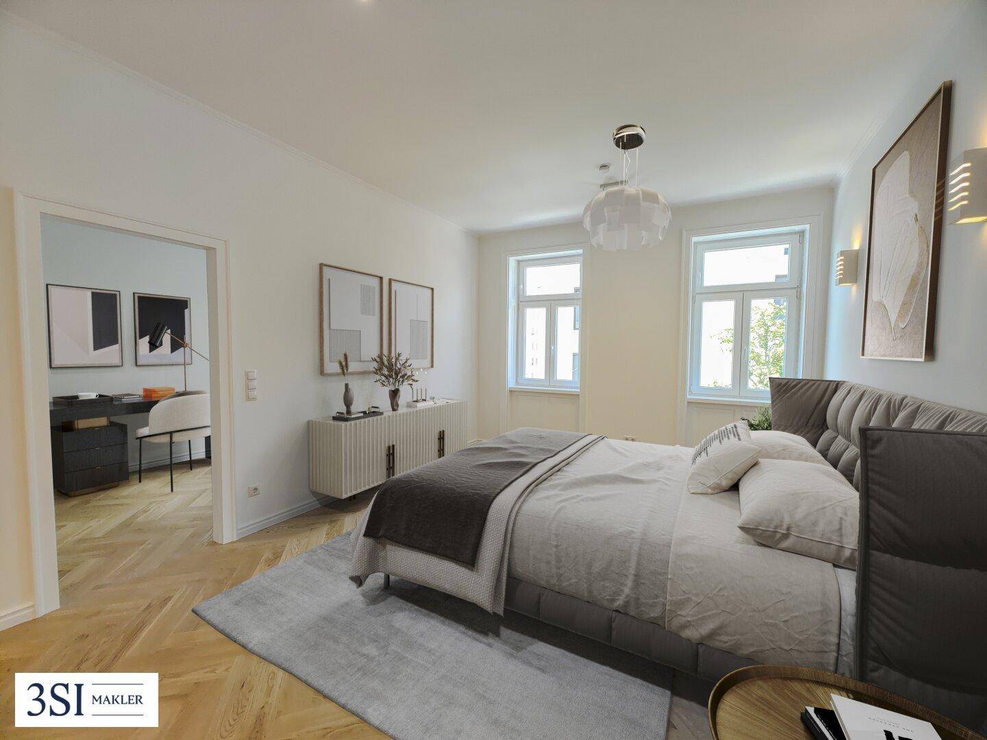 Komfortables Schlafzimmer mit großem Bett, zwei Fenstern und Blick in ein angrenzendes Arbeitszimmer.