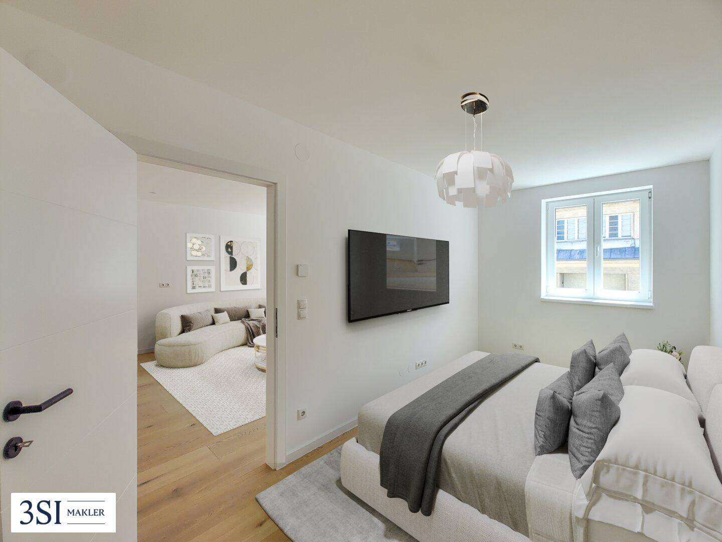 Helles Schlafzimmer mit Doppelbett, Wandfernseher und offenem Zugang zum Wohnbereich.
