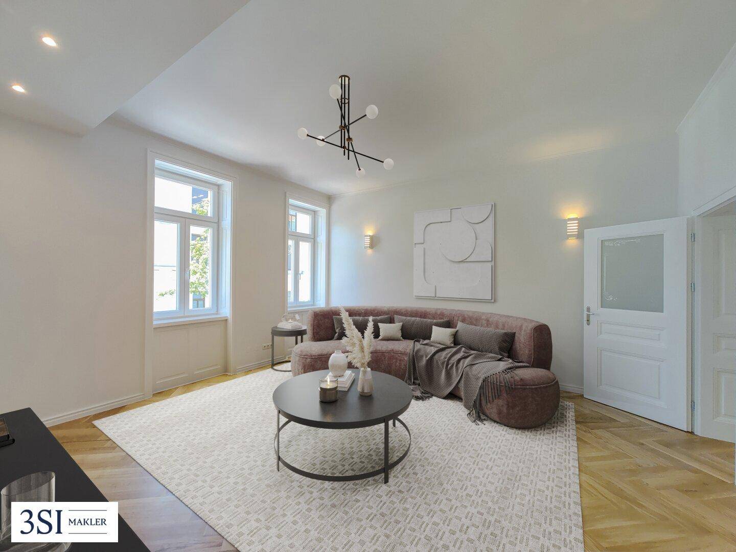 Stilvolles Wohnzimmer mit Fischgrätparkett, großen Fenstern und einer modernen Sitzlandschaft.