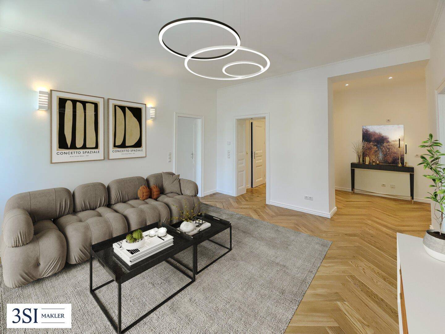 Geräumiges Wohnzimmer mit modernem Design, Fischgrätparkett und indirekter Deckenbeleuchtung.