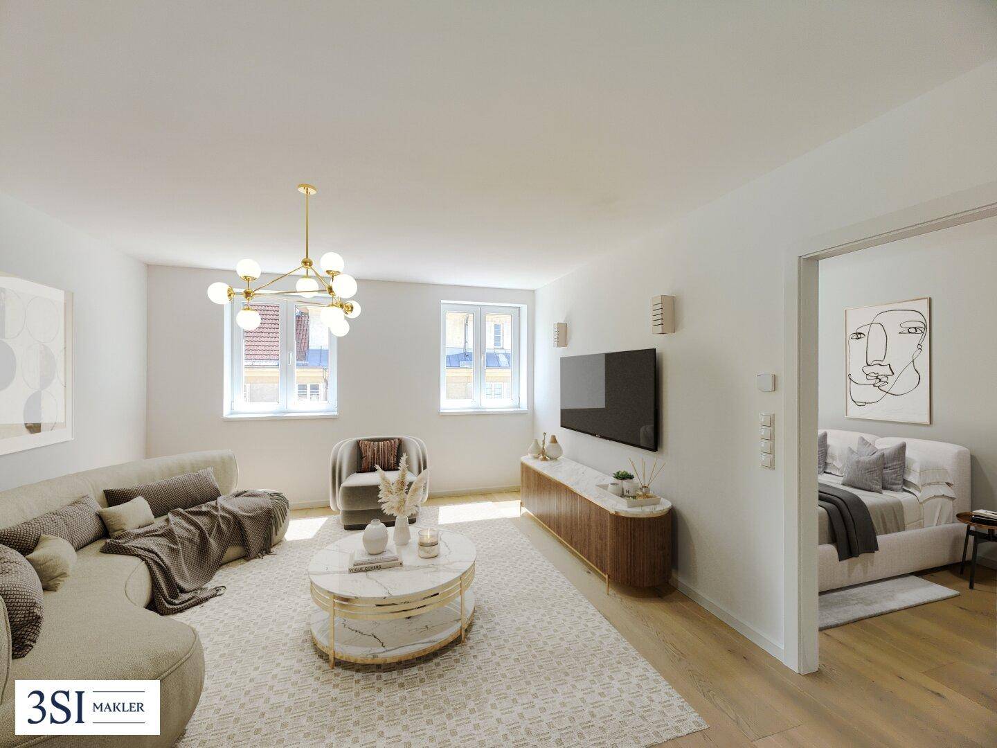Helles Wohnzimmer mit modernem Mobiliar, Holzboden und Blick in ein angrenzendes Schlafzimmer.