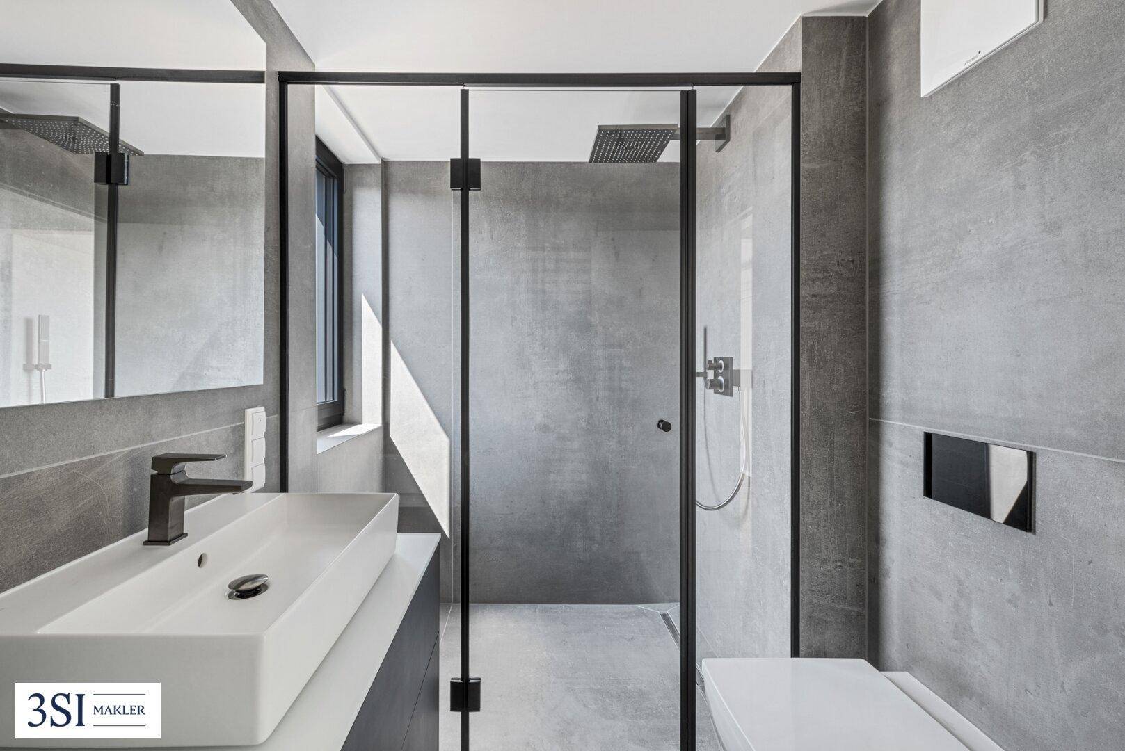 Elegantes Badezimmer mit begehbarer Dusche, Wand-WC und modernem Einzelwaschbecken in Grau.