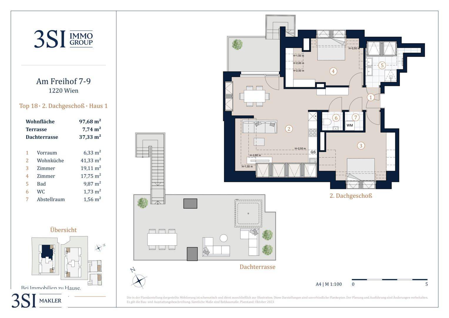 Grundrissplan einer Dachgeschosswohnung mit offener Wohnküche, zwei Schlafzimmern und großer Dachterrasse.