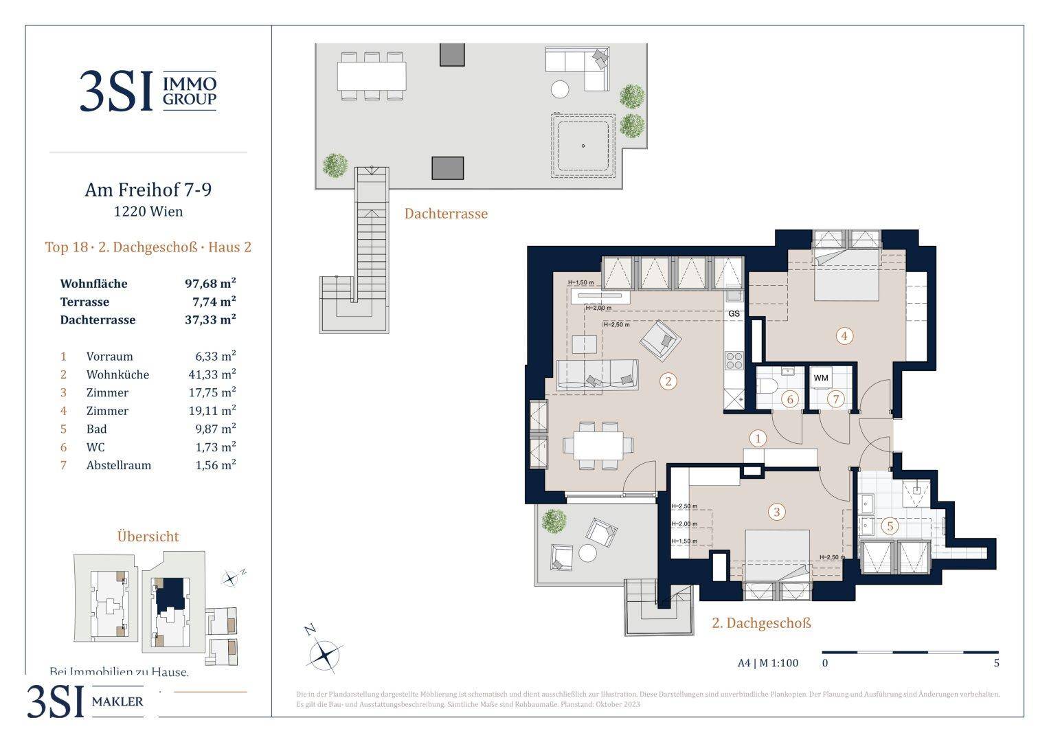 Grundriss des 2. Dachgeschosses mit offener Wohnküche, zwei Schlafzimmern, Bad, WC und Zugang zu Terrasse und Dachterrasse.