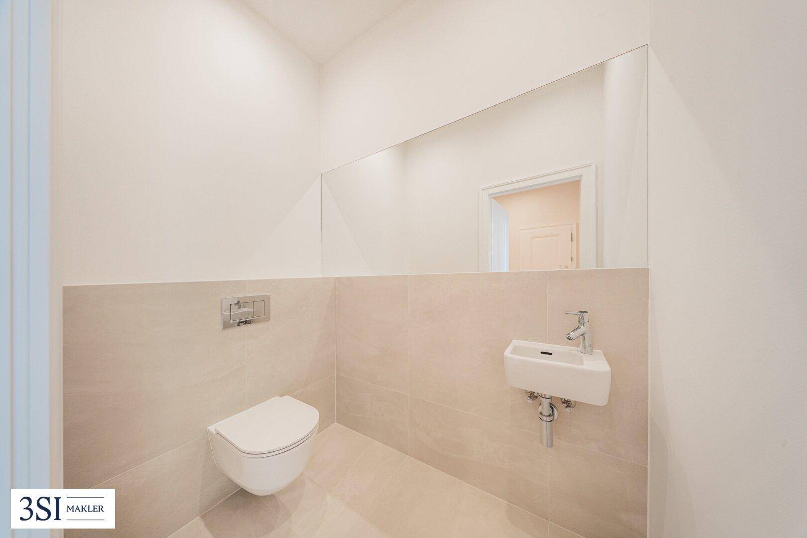 Modernes Gäste-WC mit wandhängender Toilette, kleinem Waschbecken und großem Spiegel.