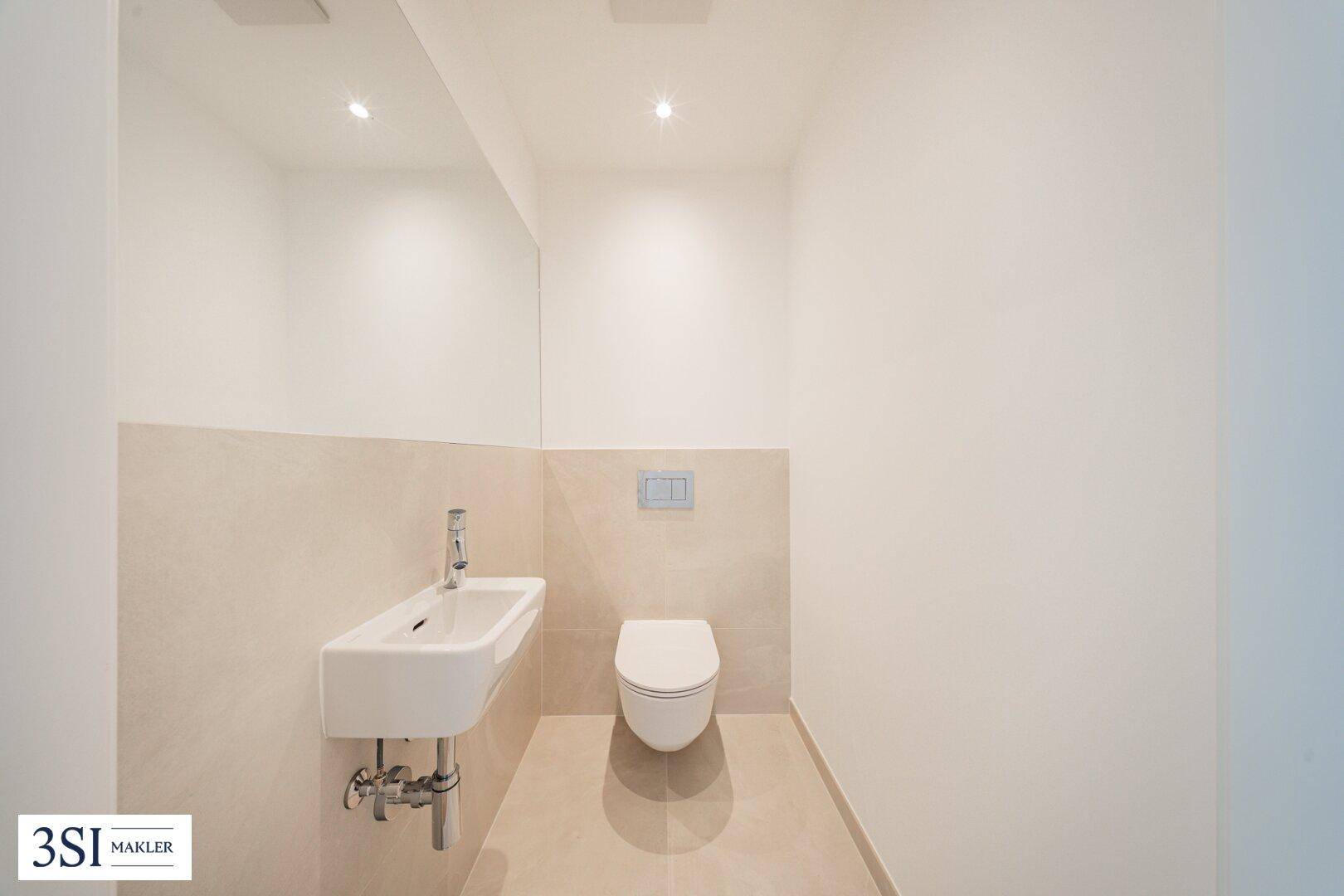 Kleines, modernes Gäste-WC mit wandmontierter Toilette und Handwaschbecken.