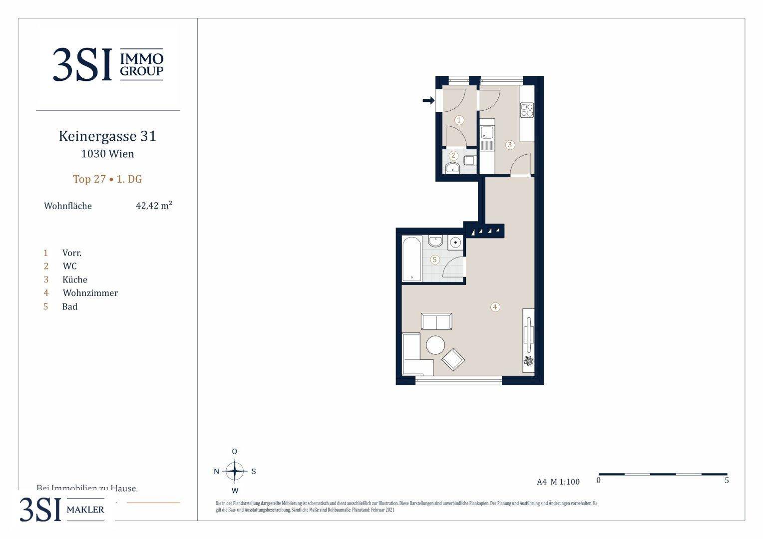 Grundriss einer 42,42 m² großen Wohnung mit offenem Wohnbereich, separatem Bad und WC.