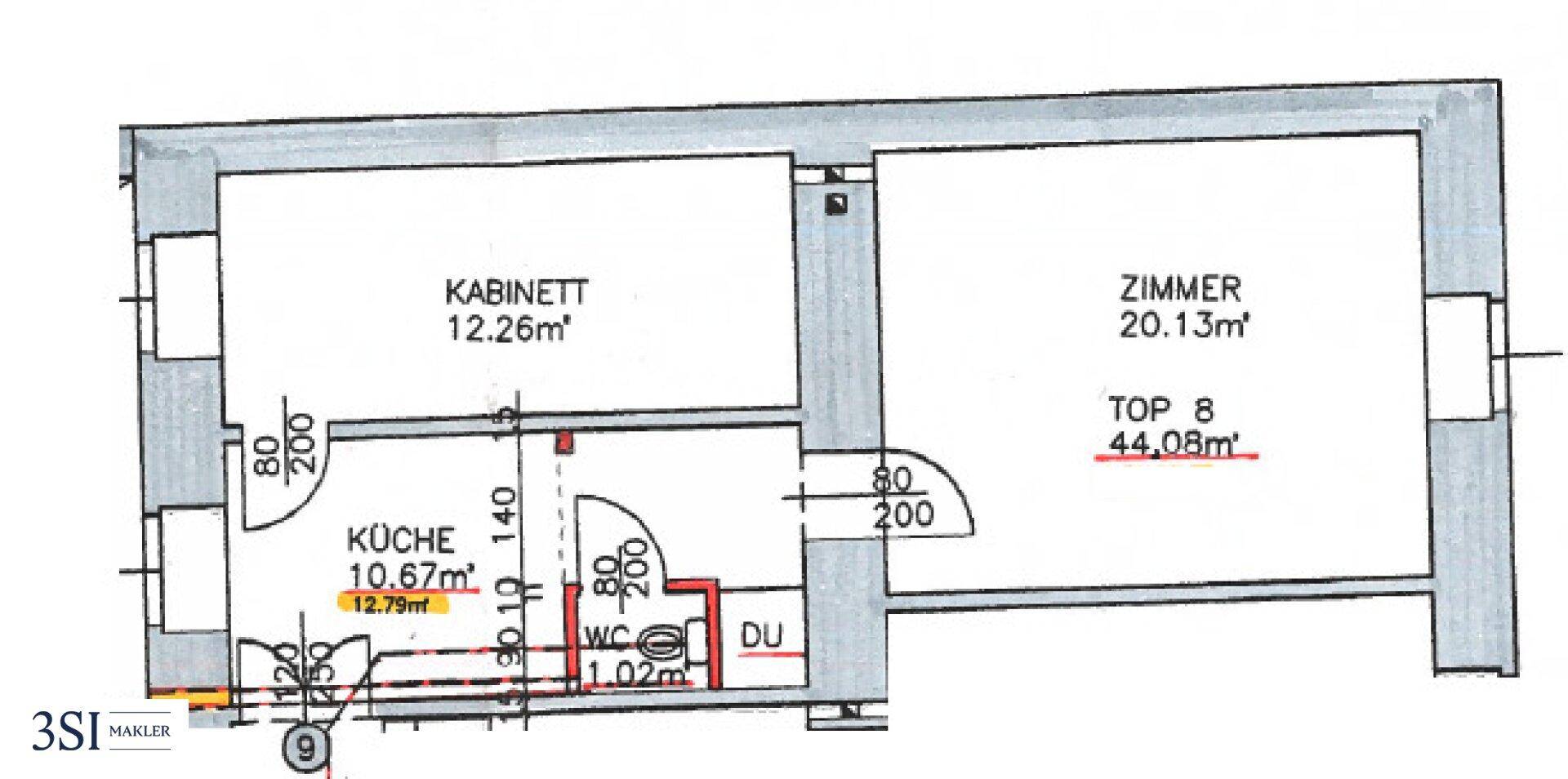 Grundriss einer Wohnung mit Küche, Zimmer, Kabinett, WC und separater Dusche.