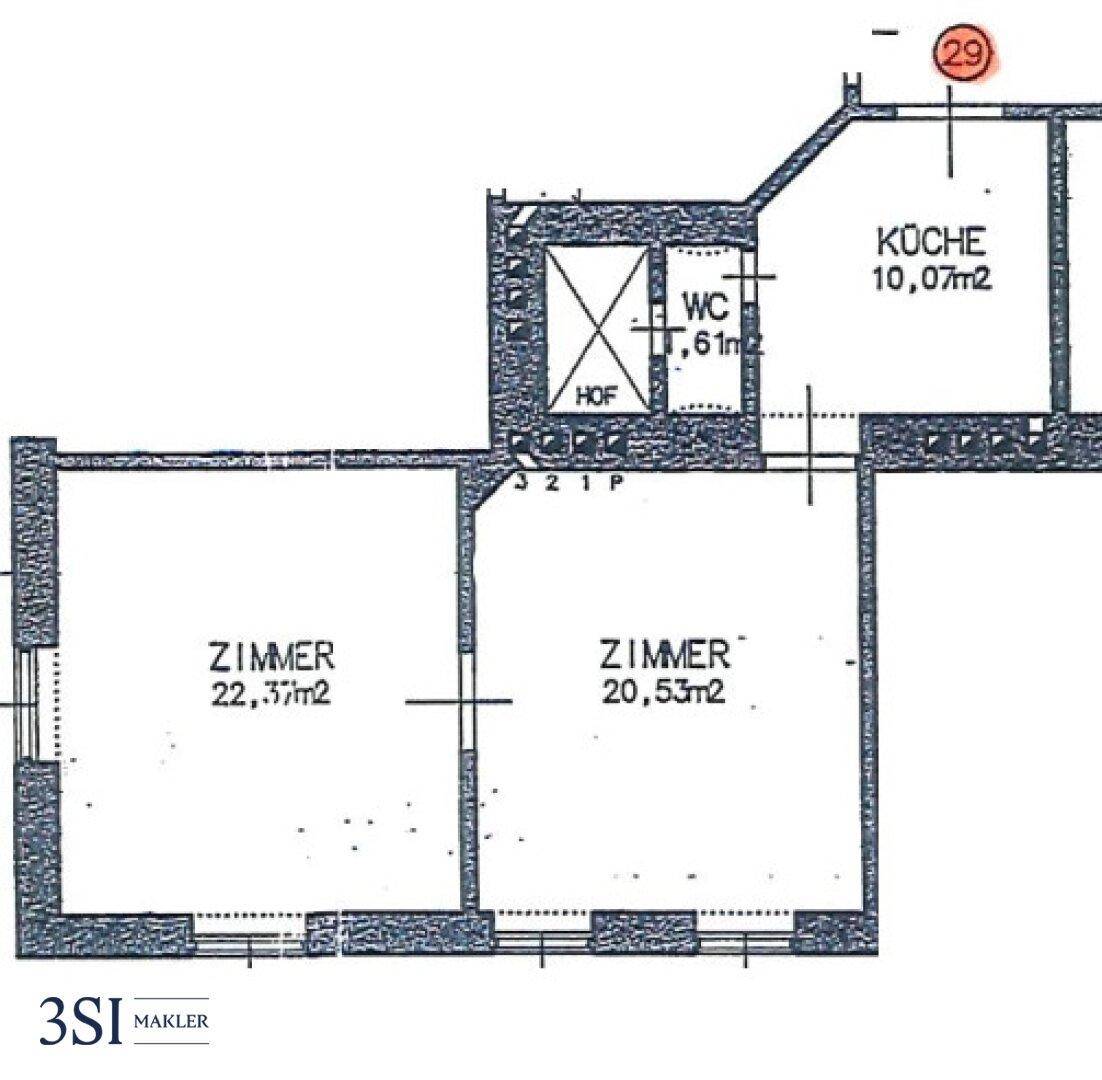 Grundrissplan mit drei Zimmern, separater Küche und WC, inklusive Flächenangaben.