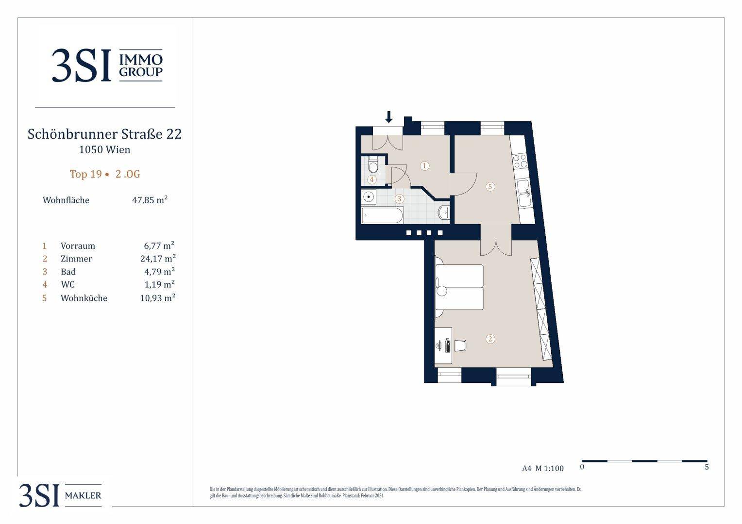 Grundriss einer Wohnung mit einem Zimmer, separater Wohnküche, Bad und WC.