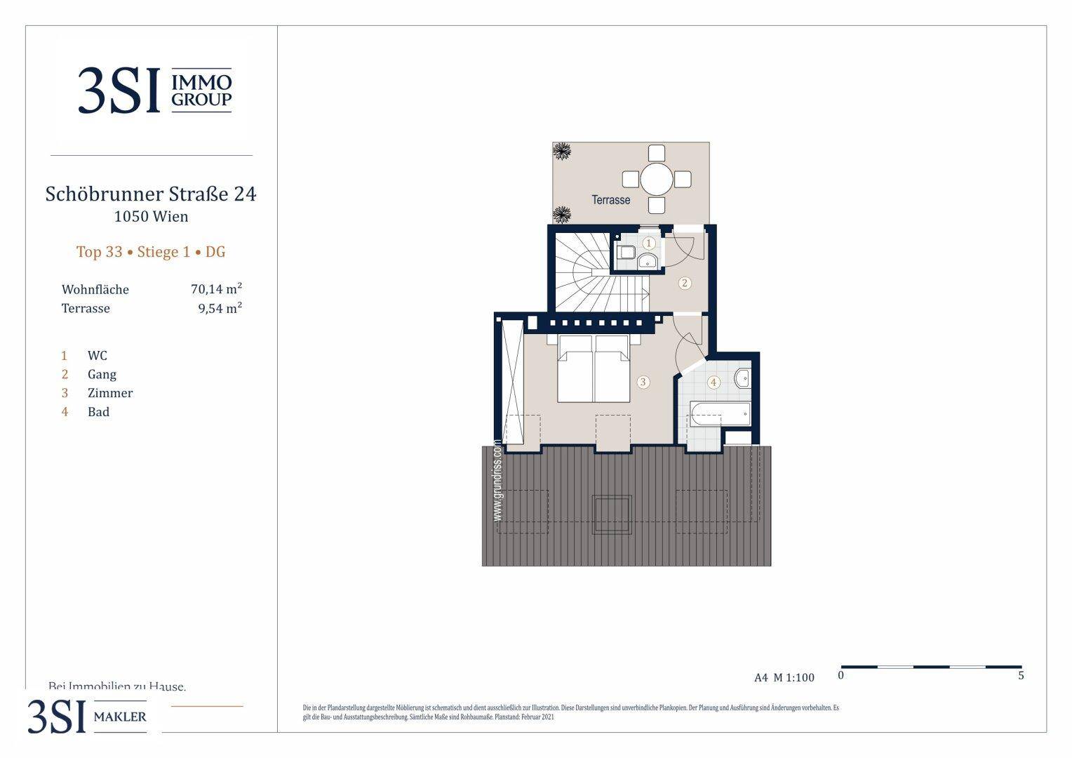 Grundriss des oberen Geschosses mit Schlafzimmer, Bad und Zugang zur Terrasse.