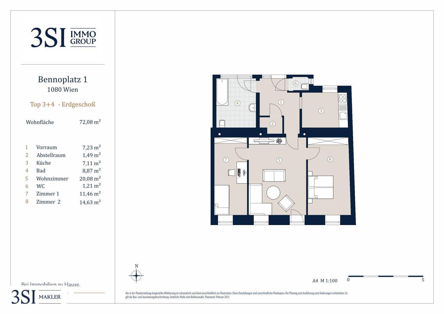 Grundriss einer Erdgeschosswohnung mit Wohnzimmer, zwei Schlafzimmern, Küche und Bad.