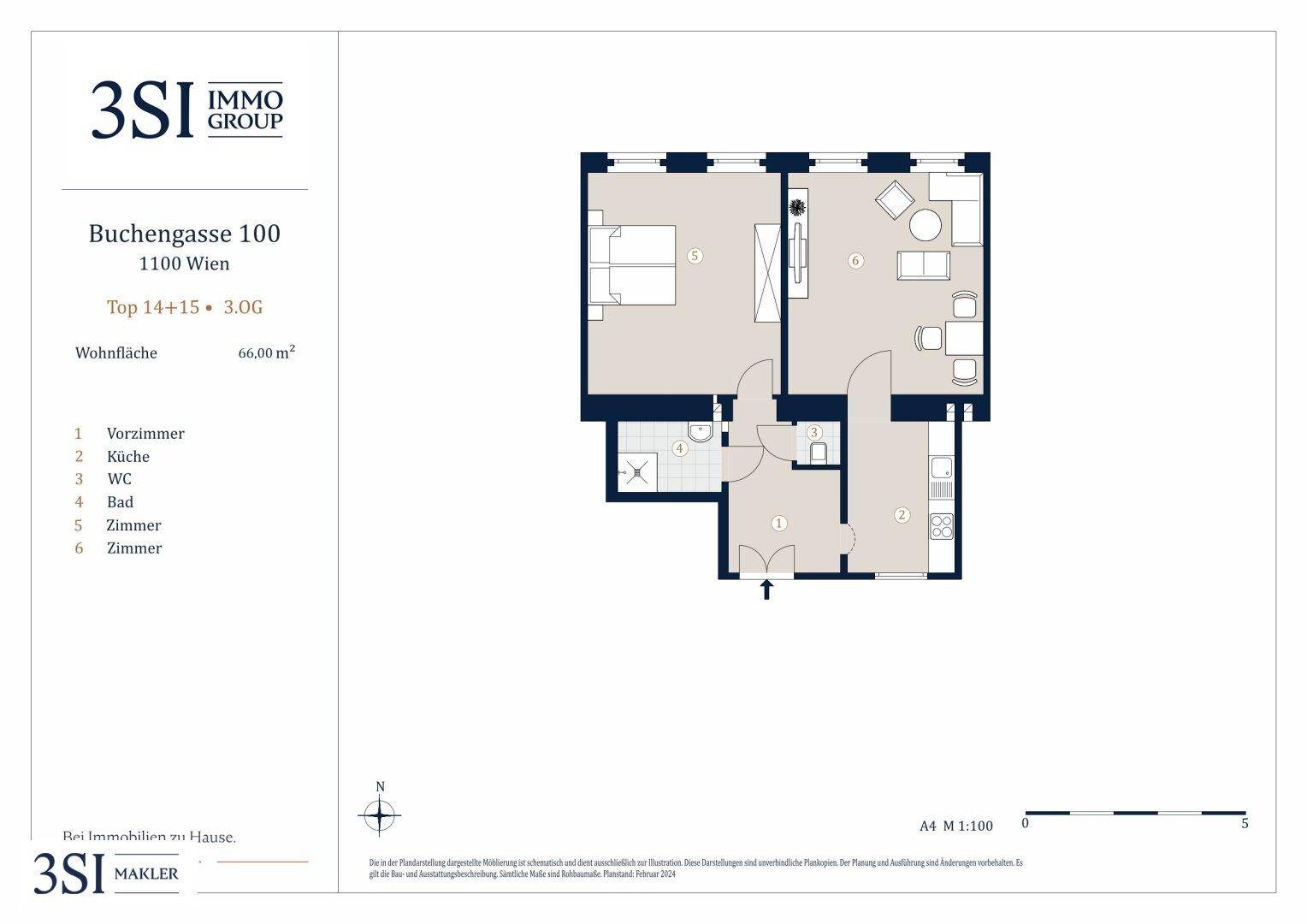 Grundriss einer 66 m² großen Wohnung mit mehreren Zimmern und einem Balkon.