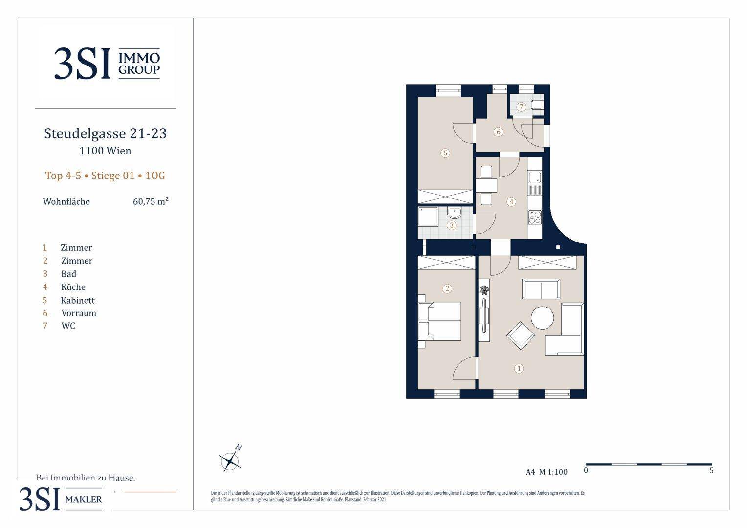 Grundriss der Wohnung Top 4-5 mit 60,75 m² Wohnfläche und Raumaufteilung.
