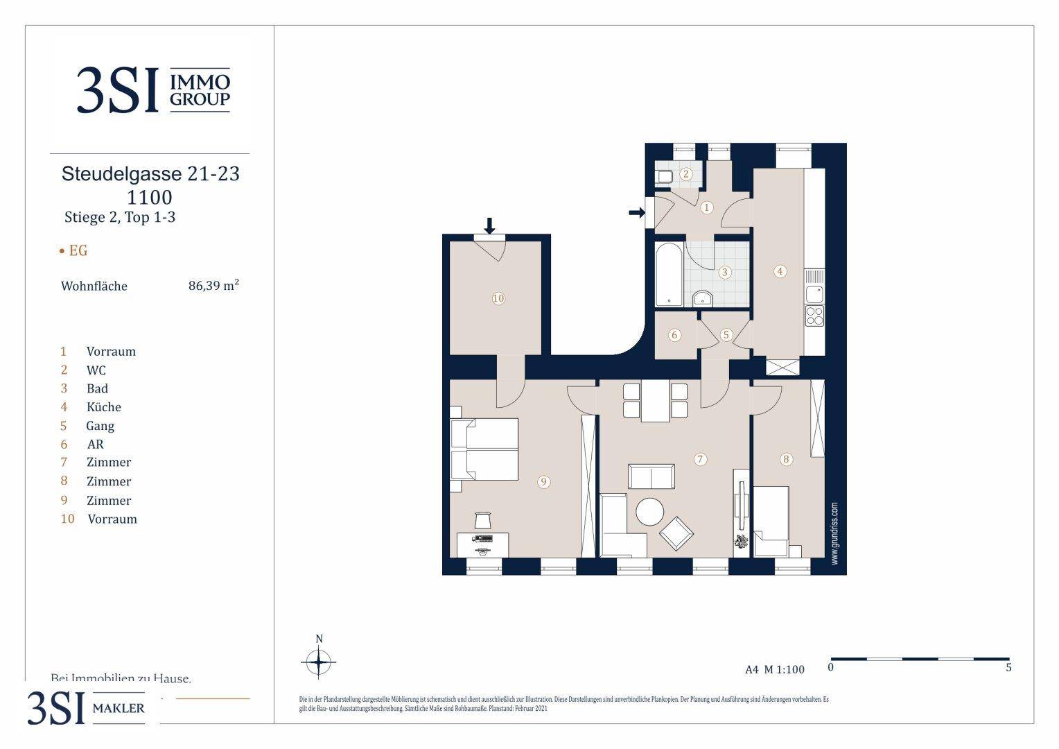 Grundriss der Wohnung Steudelgasse 21-23, Top 1-3, mit 86,39 m² Wohnfläche.