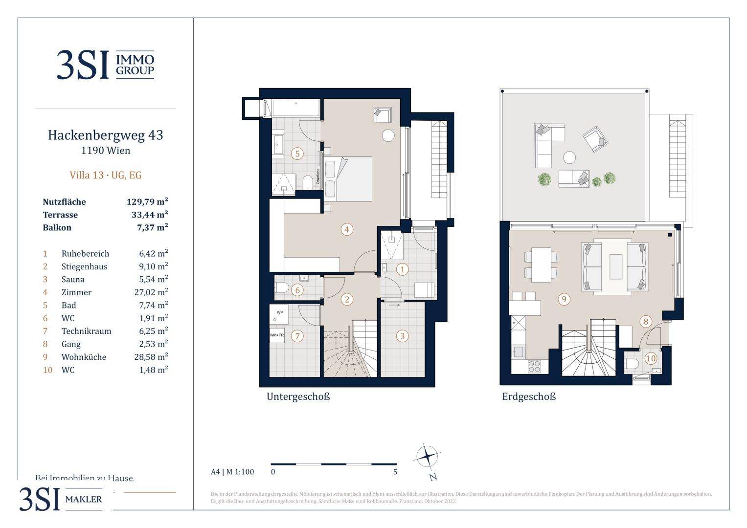 Grundriss von Untergeschoss und Erdgeschoss mit Sauna, Wohnküche und Terrasse.