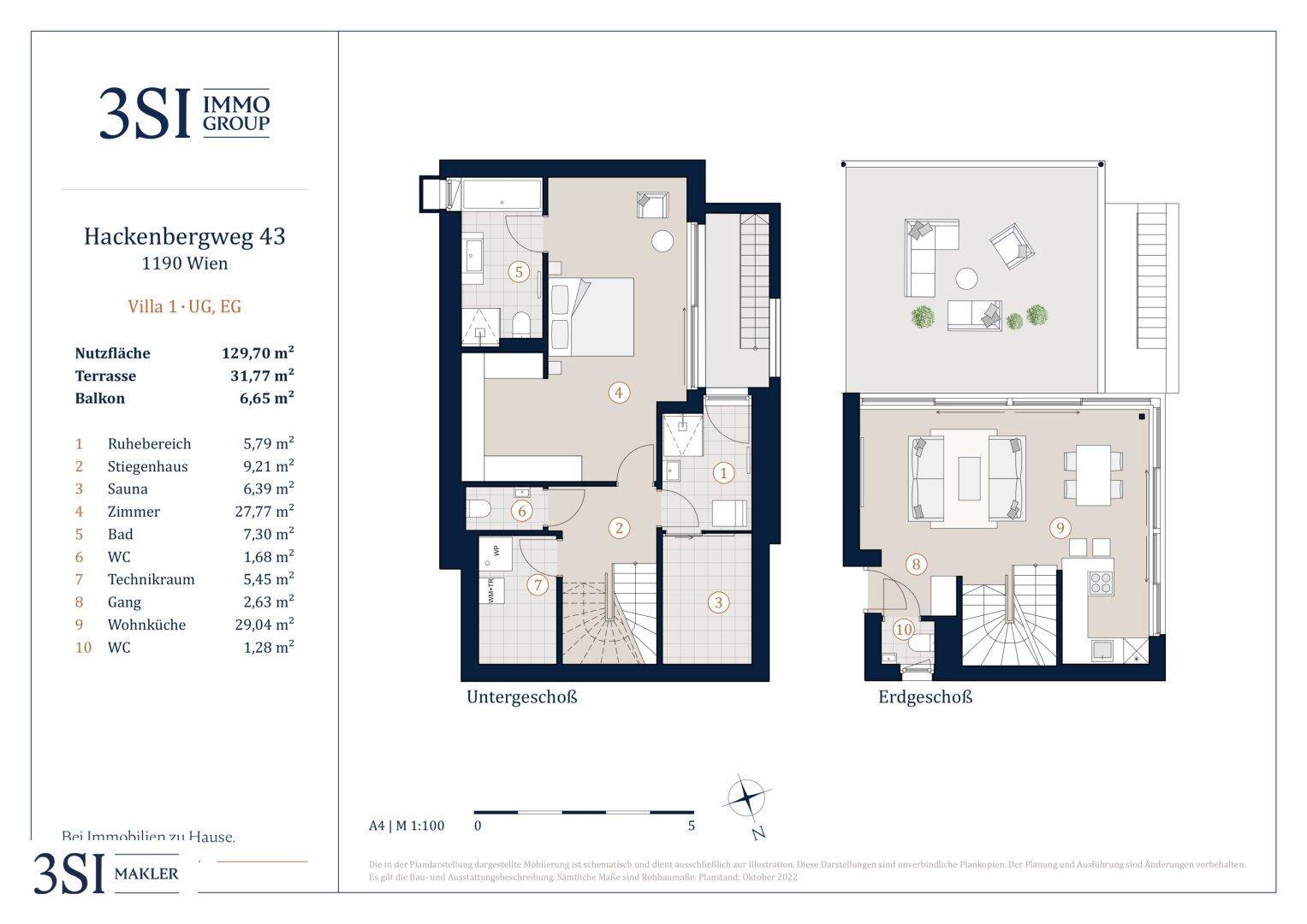 Grundriss der Villa mit Untergeschoss und Erdgeschoss, inklusive Sauna, Terrasse und Balkon.