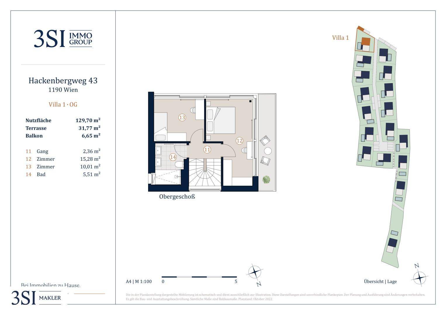 Grundriss des Obergeschosses der Villa mit Schlafzimmern und Bad, ergänzt durch eine Übersicht der Anlage.