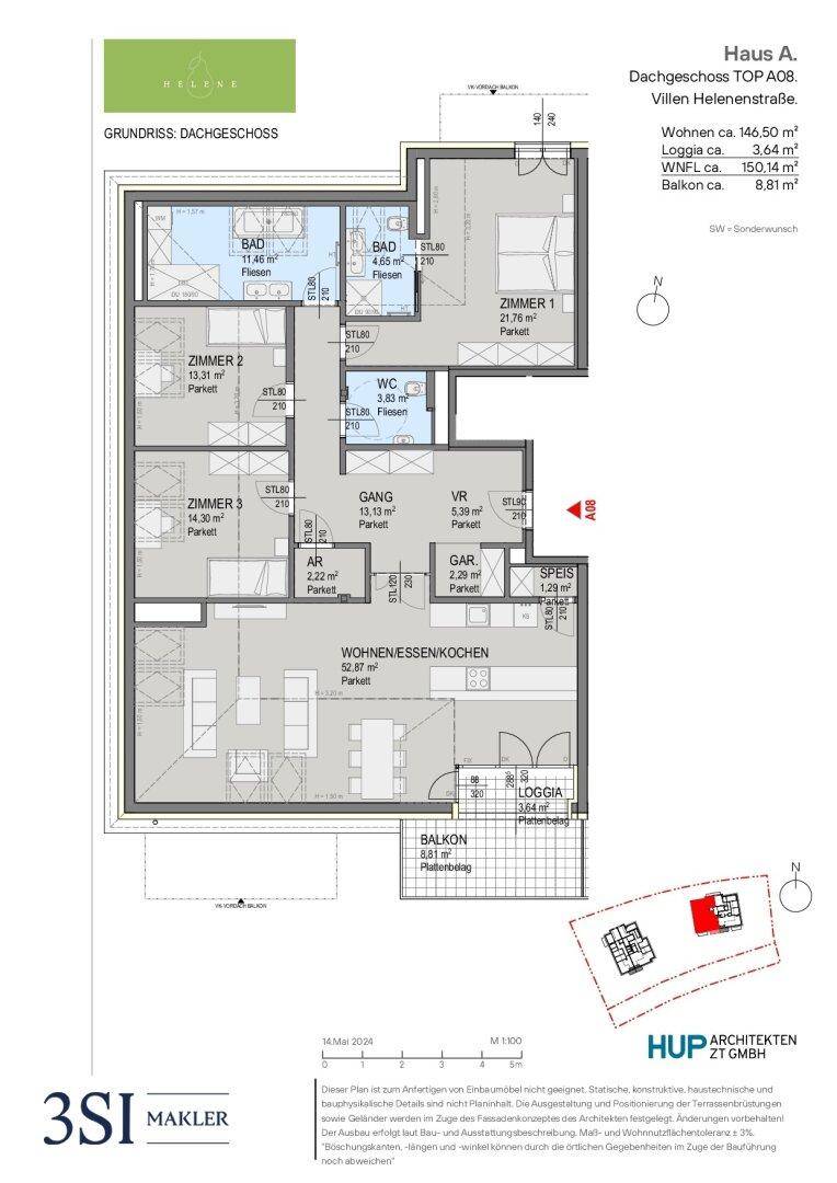Detaillierter Grundriss einer Dachgeschosswohnung mit Wohn-Ess-Kochbereich, Balkon und Loggia.