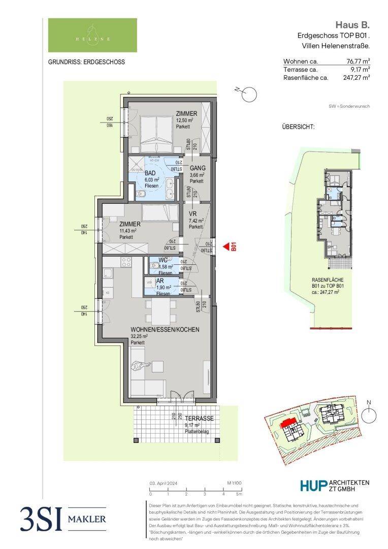 Grundriss des Erdgeschosses TOP B01 mit offenem Wohn-Essbereich, zwei Zimmern und Terrasse.