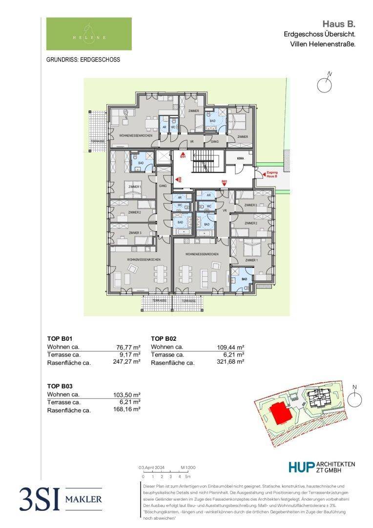 Übersichtsgrundriss des Erdgeschosses von Haus B mit mehreren Wohneinheiten, Terrassen und Gartenbereichen.