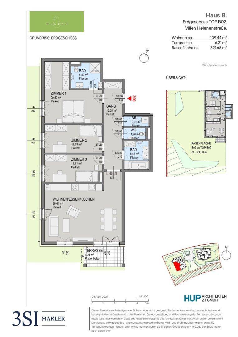 Grundriss des Erdgeschosses von Haus B, Top B02, mit drei Zimmern, offenem Wohnbereich und Terrasse.