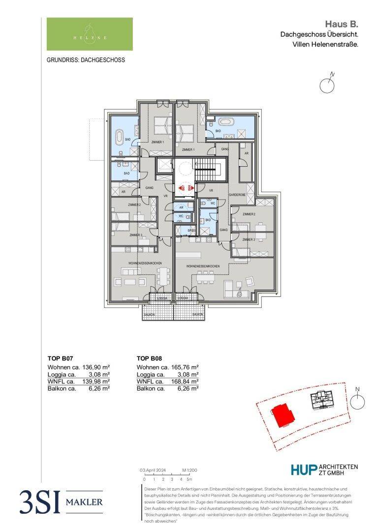 Übersichts-Grundriss des Dachgeschosses von Haus B mit zwei Wohneinheiten.
