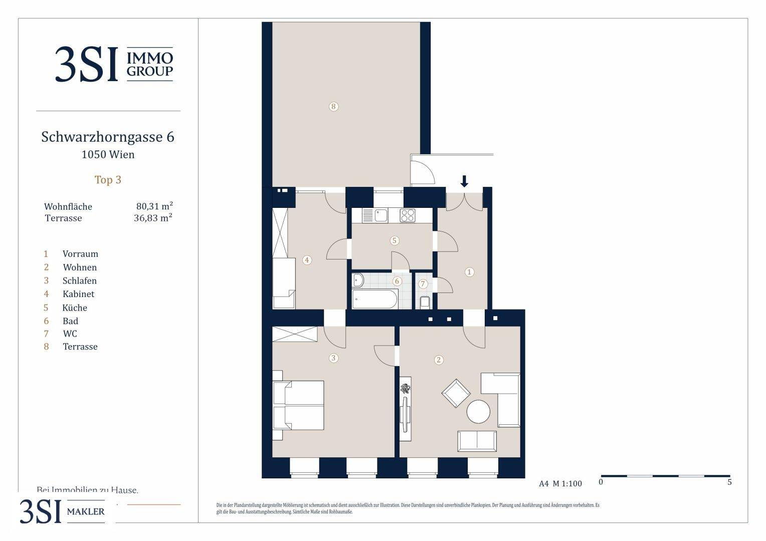 Detaillierter Grundriss einer Wohnung mit drei Schlafzimmern und großer Terrasse.