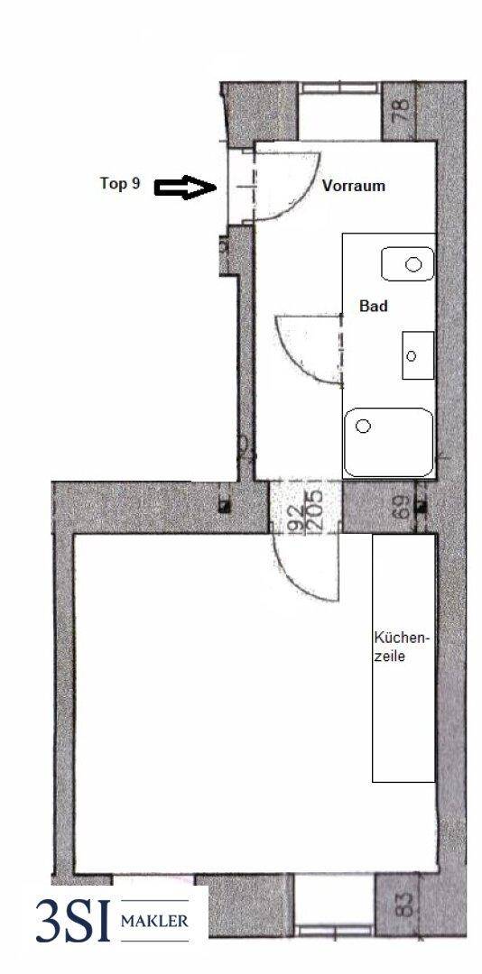 Grundriss der Wohnung Top 9 mit Vorraum, Bad und offenem Wohnbereich mit Küchenzeile.