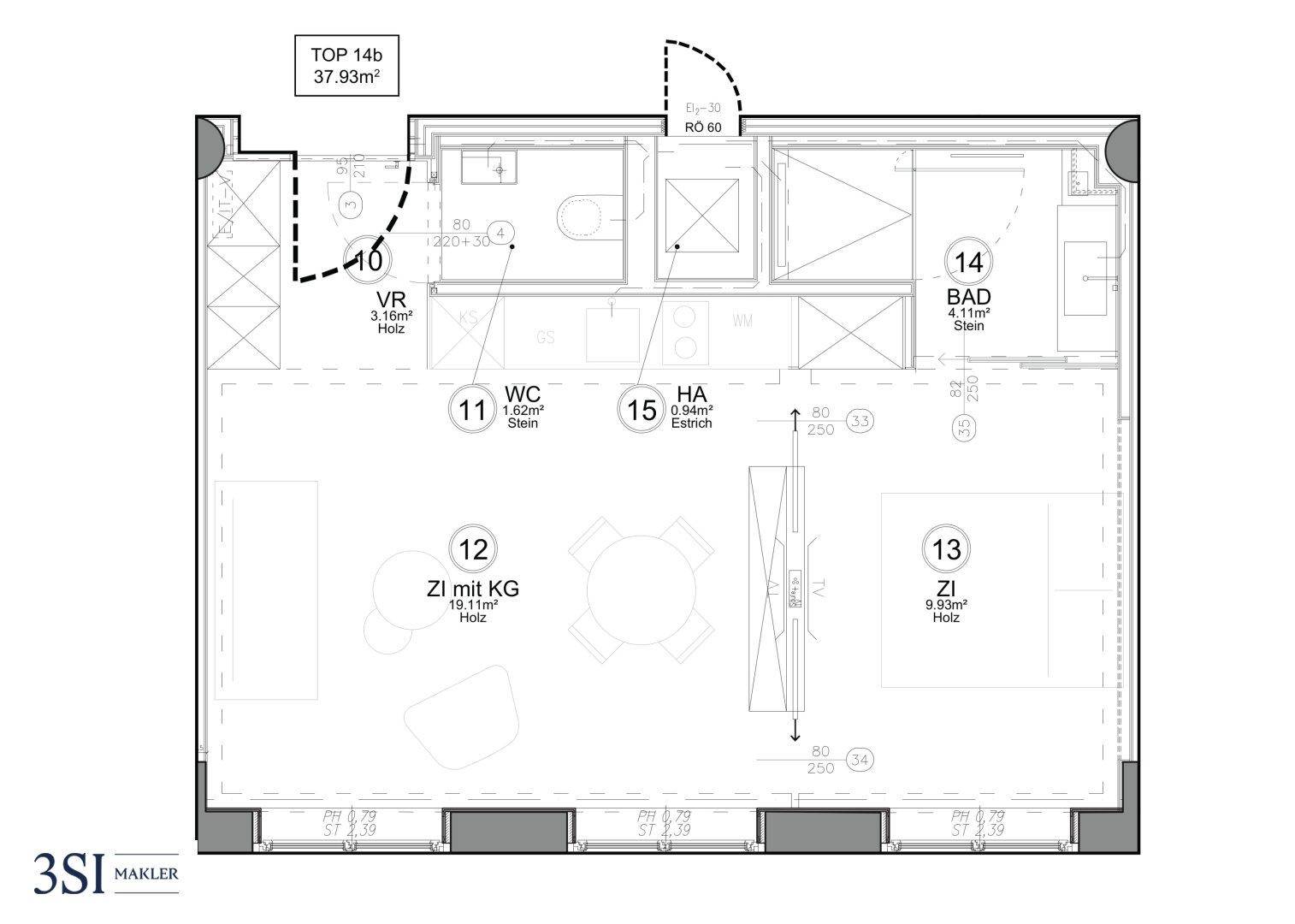 Grundriss einer Wohnung mit 37.93m² und separatem WC und Bad.