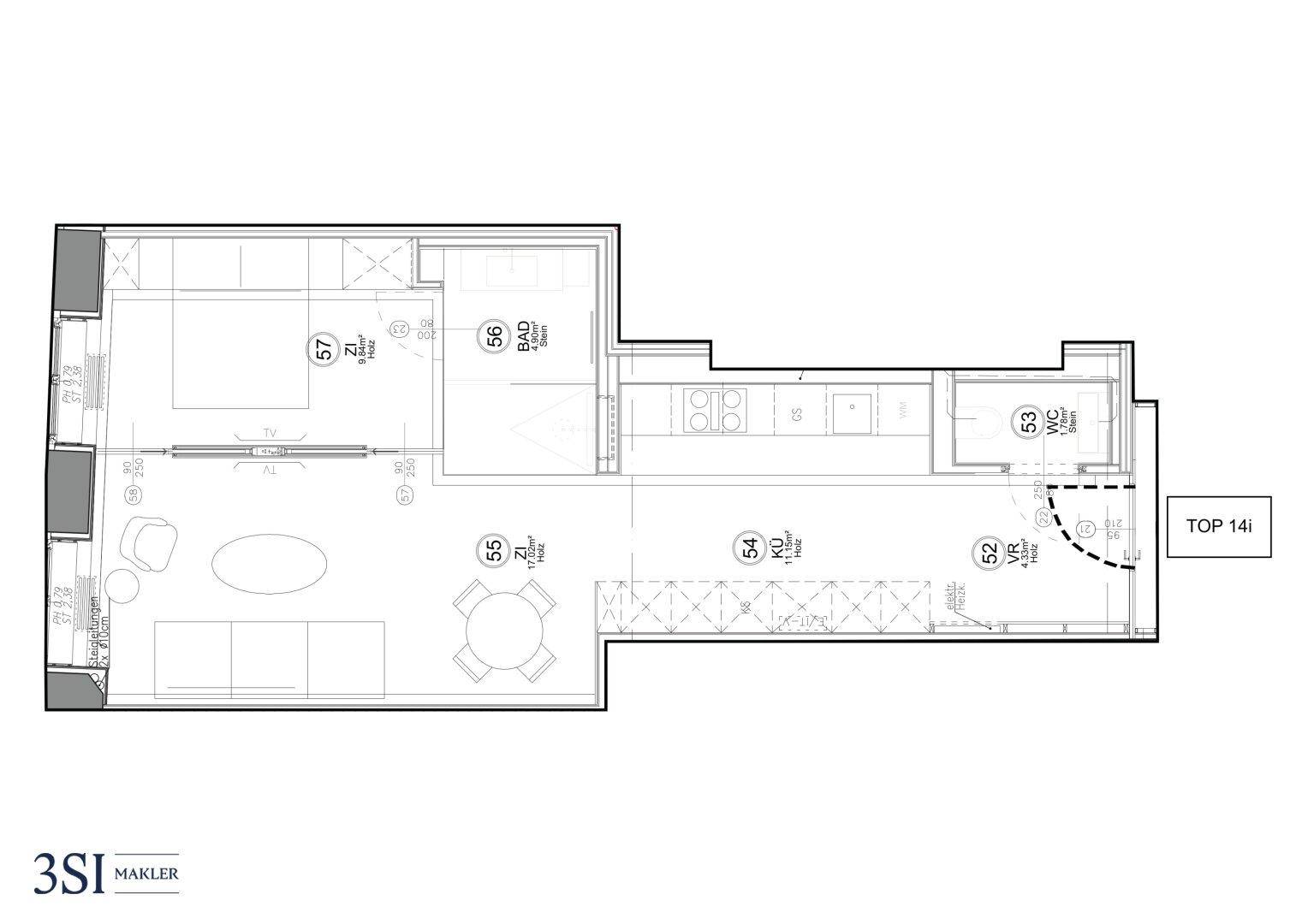 Grundriss einer modernen Wohnung mit offenem Wohnbereich und separatem Schlafzimmer.