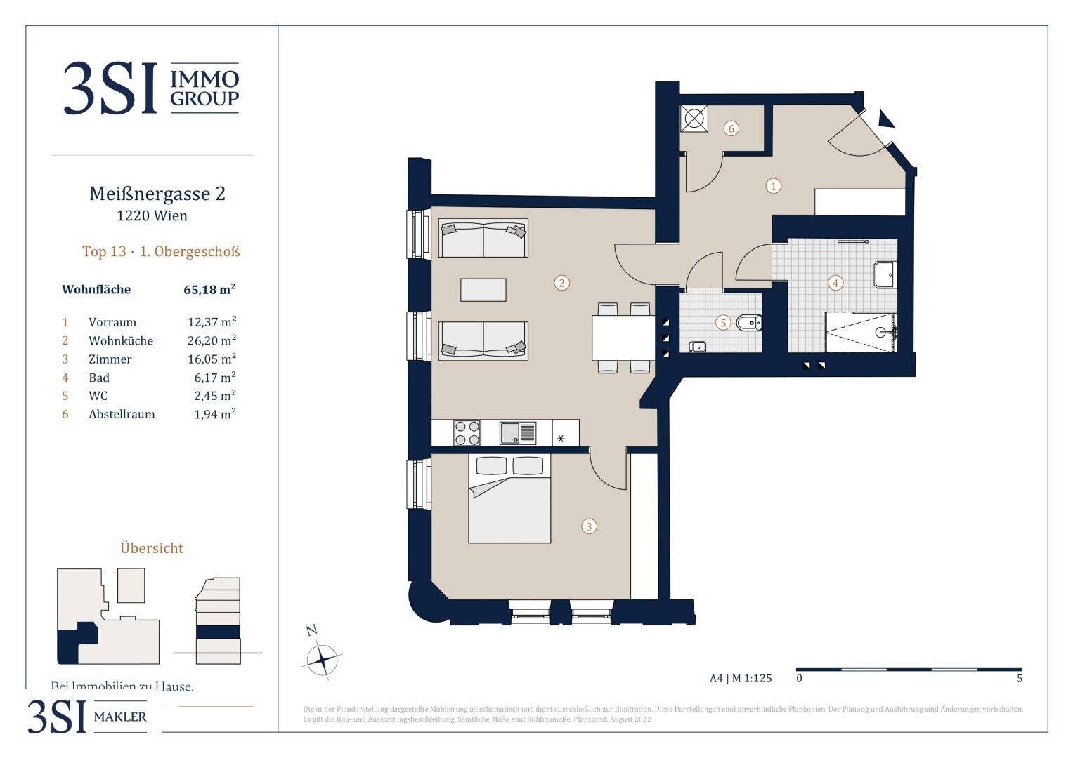 Grundriss der Wohnung Top 13 im ersten Obergeschoss mit 65,18 m² Wohnfläche.