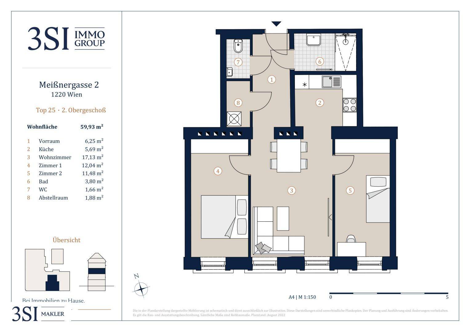 Detaillierter Grundriss der Wohnung mit Raumaufteilung und Flächenangaben in Quadratmetern.