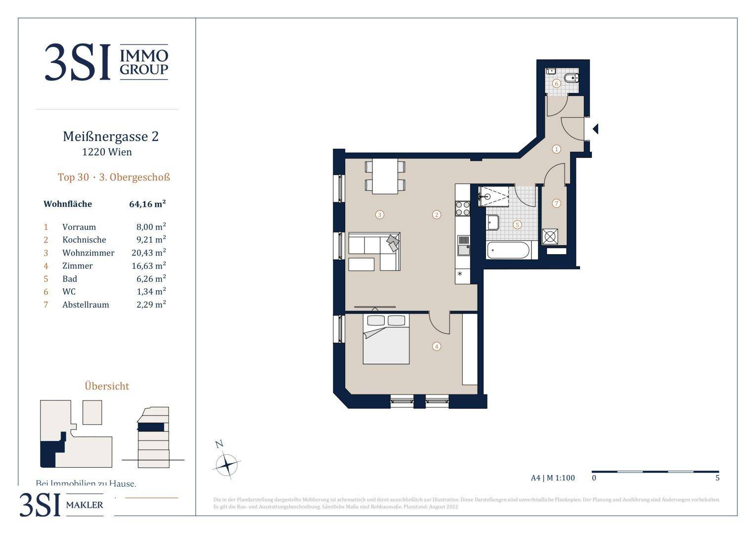 Detaillierter Grundriss einer Wohnung mit 64,16 m² Wohnfläche und mehreren Zimmern.