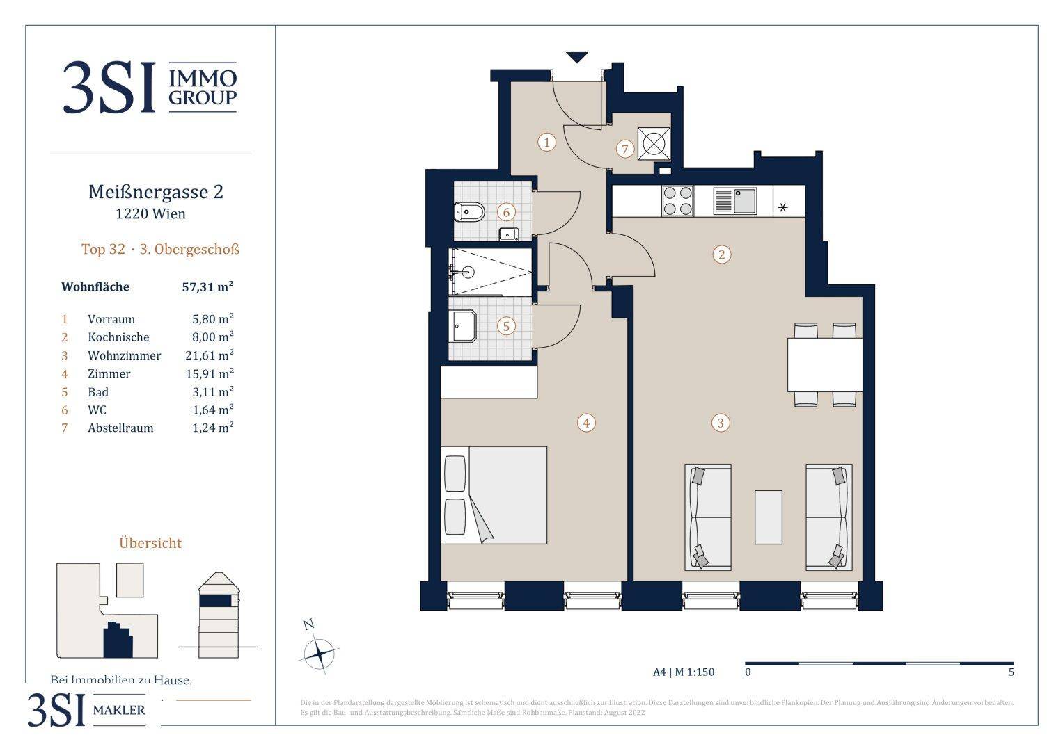 Grundriss einer Wohnung im 3. Obergeschoss mit Wohnfläche von 57,31 m².